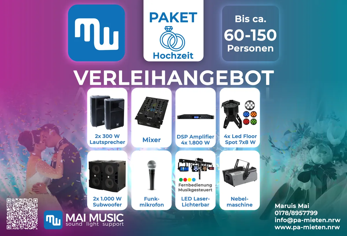 Verleihangebot Paket Hochzeit: 2x Lautsprecher, 2x Subwoofer, DSP-Endstufe, Mixer, Funkmikrofon