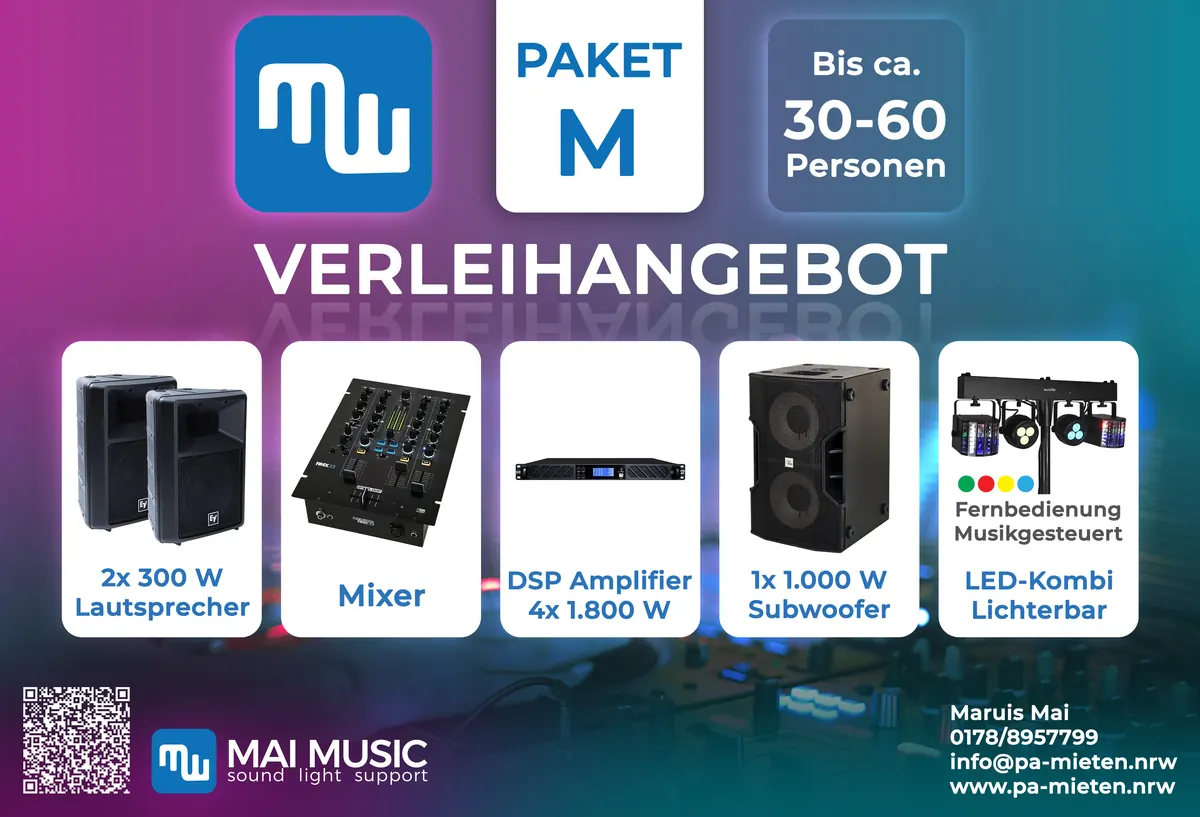 Verleihangebot Paket M: 2x Lautsprecher, 1x Subwoofer, DSP-Endstufe, Mixer, Licht