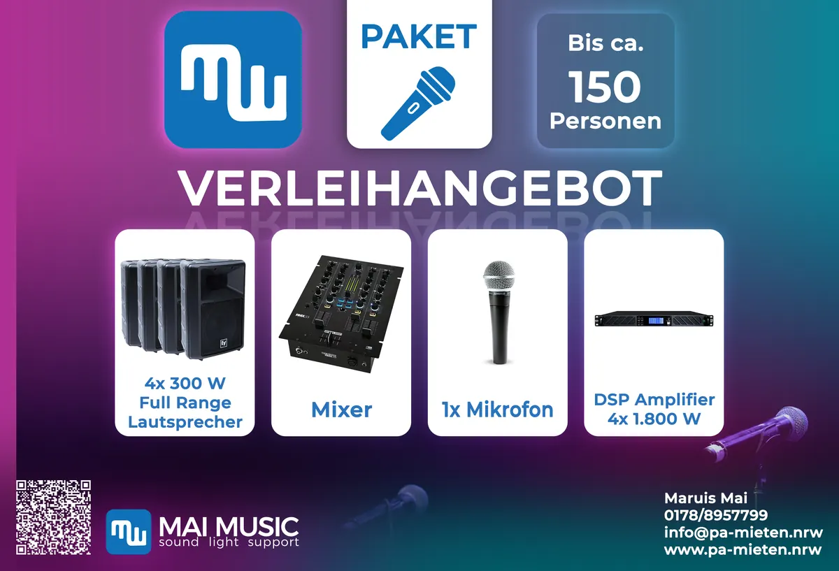 Verleihangebot Paket Moderation: 4x Full-Range-Lautsprecher, Mixer, DSP-Endstufe, Mikrofon, Bluetooth