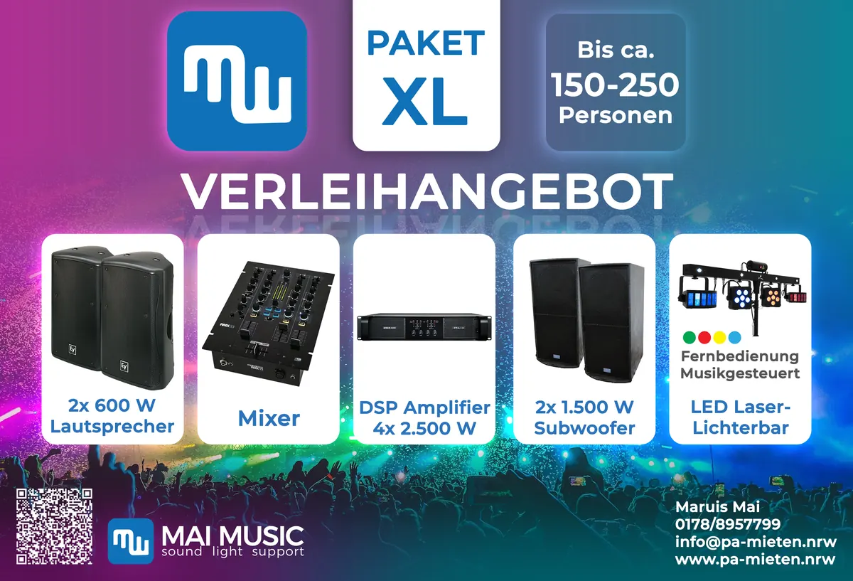 Verleihangebot Paket XL: 2x Lautsprecher, 2x Subwoofer, DSP-Endstufe, Mixer, Licht